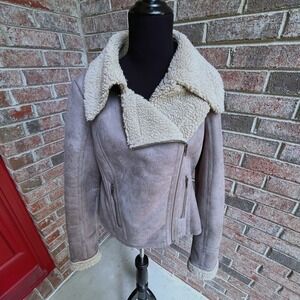 The Limited Faux Suede Moto Jacket Sherpa Zip Up Coat Womens Medium